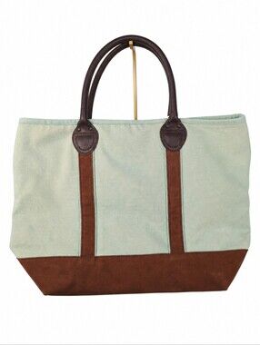 Restoration Hardware XL Sage Green Canvas Leather Travel Tote Zip Top